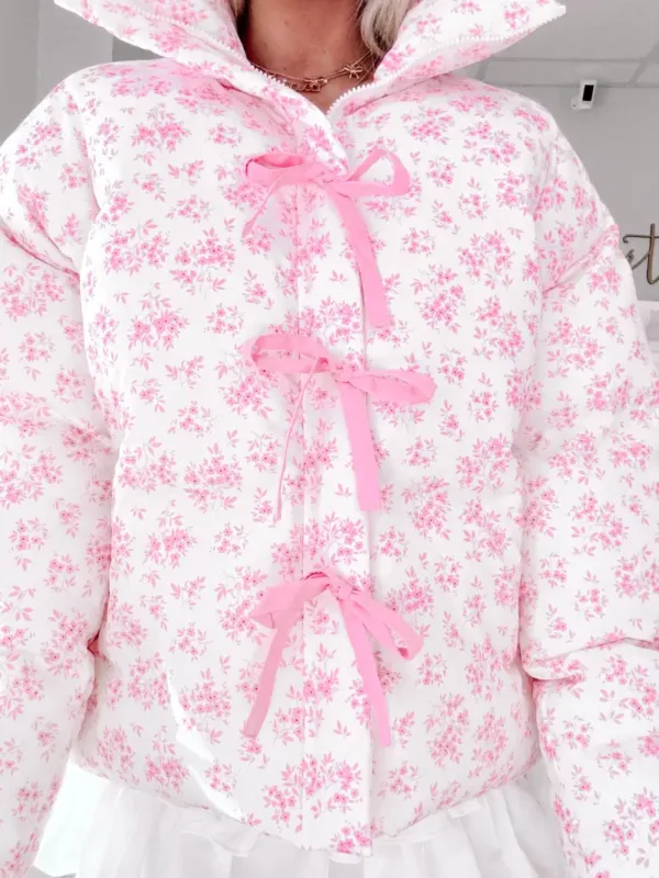 Cotton Puffer Jacket with Bow Detail & Floral Print – Stylish Warm Winter Outerwear for Women
