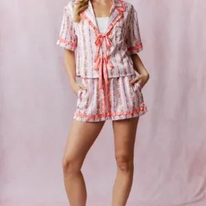 Rose with Bow Printed Front Tied Ruffle Detail Satin Pajama Set – Elegant Satin Sleepwear for Women, Feminine Lounge Set