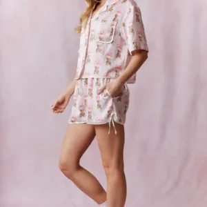Printed Contrast Tie Detail Satin Pajama Set with Bear Bow Print – Cute and Comfortable Satin Sleepwear for Women