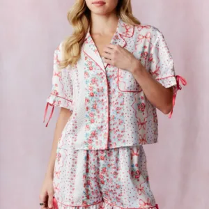 Printed Sleeve Ruffle with Tie Detail Satin Pajama Set – Stylish Satin Pajamas with Bow Print & Tie Detail for Women