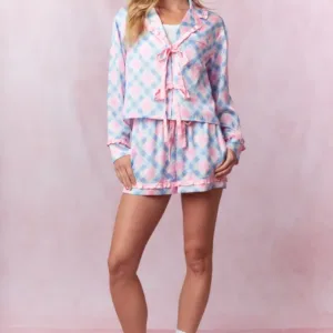 Stain Bow Prints Ruffle & Tied Detail Long Sleeve Shirt & Shorts Pajama Set – Stylish Satin Pajamas with Bow & Ruffle Design for Women