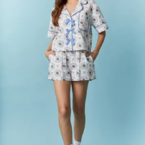 Bow Printed Front Gingham Cotton Linen Pajama Set with Bow Detail – Comfortable Women’s Loungewear for Cozy Nights