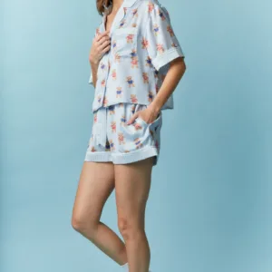 American Teddy Bear with Stripes Printed Satin Pajama Set – Women’s Satin Pajama Set with Cute Teddy Bear Print