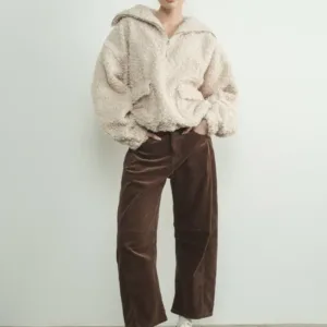 Oversized Teddy Sherpa Pullover Half Zip Up with Pocket – Cozy Women’s Teddy Jacket with Zip Closure and Pocket
