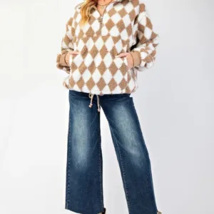 Argyle Sherpa Fluffy Faux Fur Pullover – Cozy Women’s Sherpa Pullover with Fluffy Faux Fur and Argyle Pattern