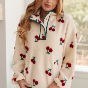 Cherry Tree Fleece Pullover – Cozy Women’s Fleece Sweater with Cherry Print Detail
