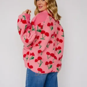 Cherry Sherpa Jacket – Cozy Zip-Up Fleece with Cute Cherry Print