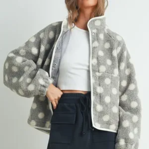 Sherpa Fluffy Polka Dot Jacket – Cozy & Stylish Fleece Outerwear