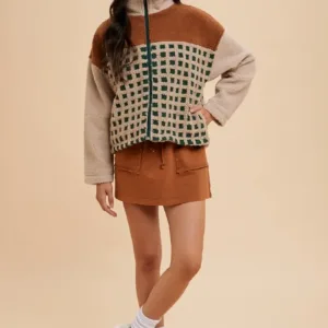 Check Mixed Color Block Sherpa Zip-Up Jacket – Cozy Plaid Fleece Jacket for Fall & Winter Brown