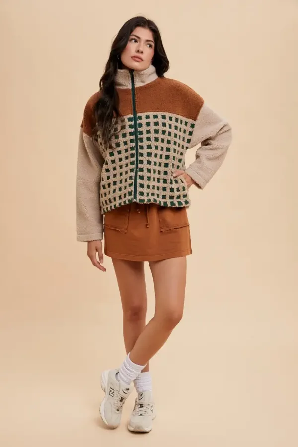 Check Mixed Color Block Sherpa Zip-Up Jacket – Cozy Plaid Fleece Jacket for Fall & Winter Brown