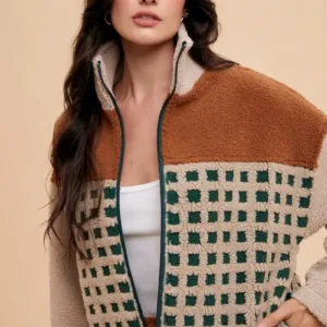 Check Mixed Color Block Sherpa Zip-Up Jacket – Cozy Plaid Fleece Jacket for Fall & Winter Brown
