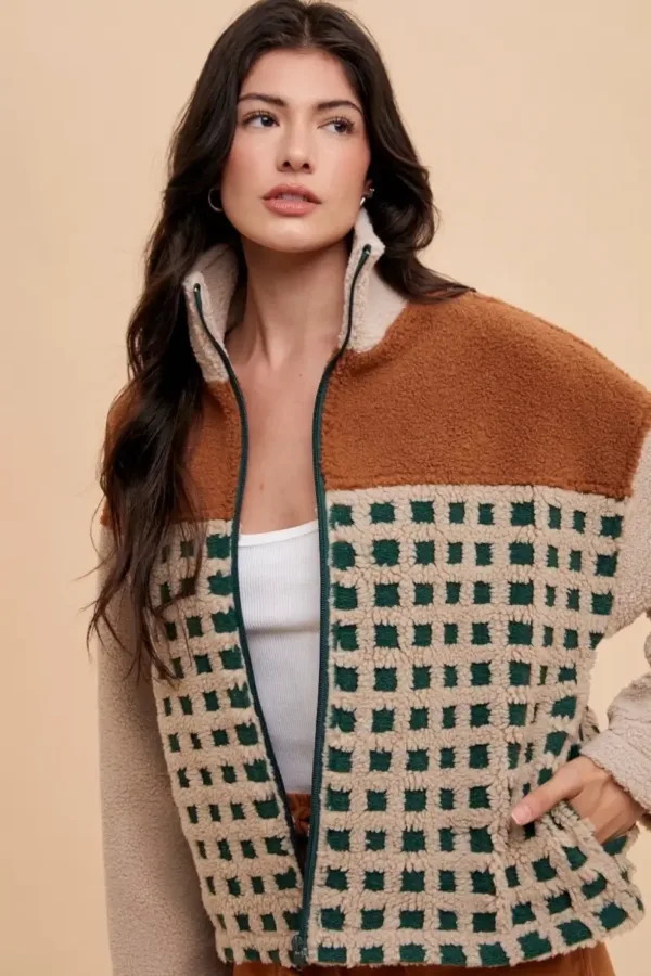 Check Mixed Color Block Sherpa Zip-Up Jacket – Cozy Plaid Fleece Jacket for Fall & Winter Brown