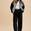 FC0286-03 Check Mixed Color Block Sherpa Zip-Up Jacket – Cozy Plaid Fleece Jacket for Fall & Winter Black