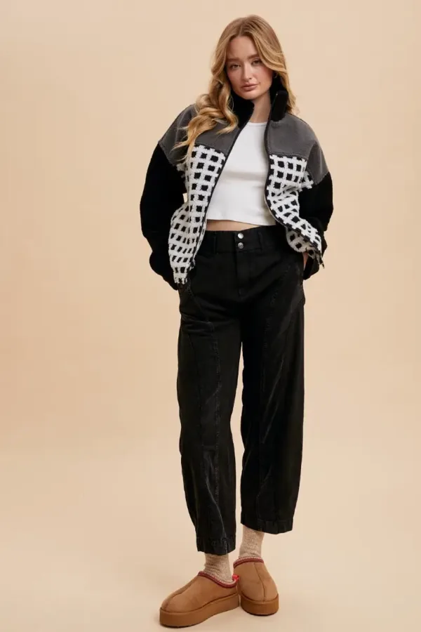Check Mixed Color Block Sherpa Zip-Up Jacket – Cozy Plaid Fleece Jacket for Fall & Winter Black