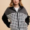 FC0286-04 Check Mixed Color Block Sherpa Zip-Up Jacket – Cozy Plaid Fleece Jacket for Fall & Winter Black