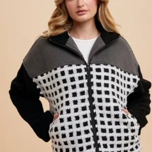 Check Mixed Color Block Sherpa Zip-Up Jacket – Cozy Plaid Fleece Jacket for Fall & Winter Black