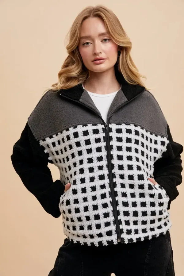 Check Mixed Color Block Sherpa Zip-Up Jacket – Cozy Plaid Fleece Jacket for Fall & Winter Black
