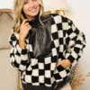 FC0287-02 Faux Leather Checker Sherpa Jacket – Trendy Plaid Fleece & Leather Contrast Jacket for Fall & Winter