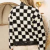 FC0287-03 Faux Leather Checker Sherpa Jacket – Trendy Plaid Fleece & Leather Contrast Jacket for Fall & Winter