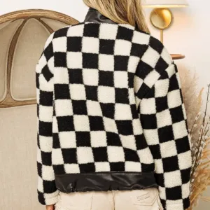 Faux Leather Checker Sherpa Jacket – Trendy Plaid Fleece & Leather Contrast Jacket for Fall & Winter