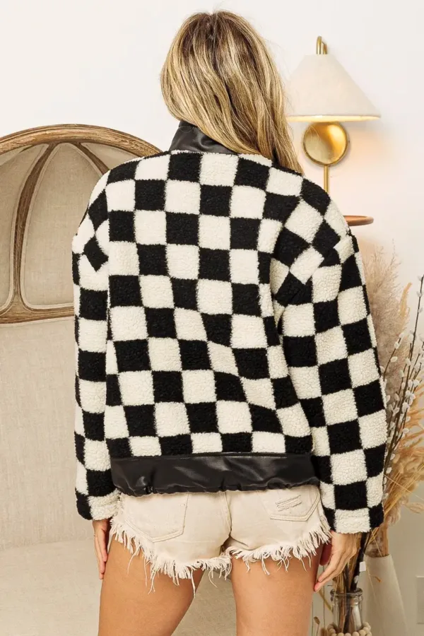 Faux Leather Checker Sherpa Jacket – Trendy Plaid Fleece & Leather Contrast Jacket for Fall & Winter