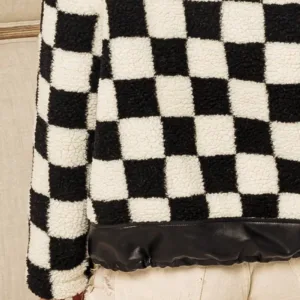 Faux Leather Checker Sherpa Jacket – Trendy Plaid Fleece & Leather Contrast Jacket for Fall & Winter
