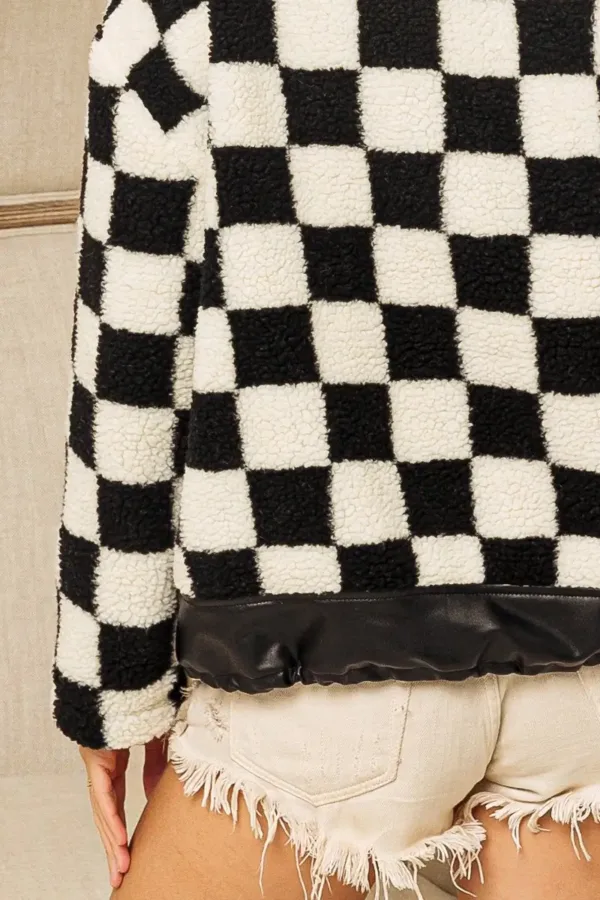 Faux Leather Checker Sherpa Jacket – Trendy Plaid Fleece & Leather Contrast Jacket for Fall & Winter
