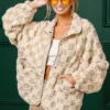 Wingtu Factory Faux Fur Checker Sherpa Buttoned Jacket – Cozy & Trendy Plaid Fleece Outerwear for Fall & Winter