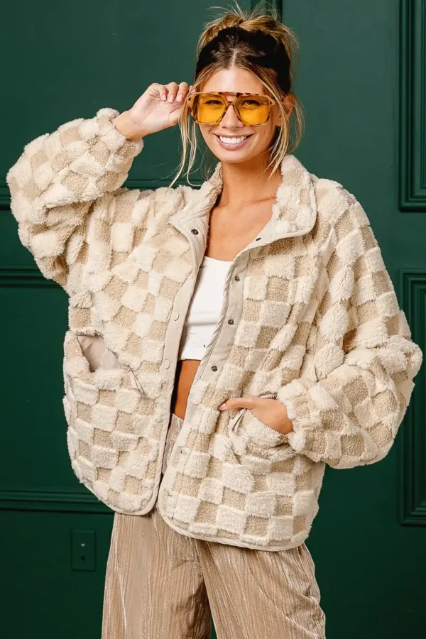 Wingtu Factory Faux Fur Checker Sherpa Buttoned Jacket – Cozy & Trendy Plaid Fleece Outerwear for Fall & Winter