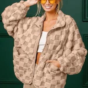 Wingtu Factory Faux Fur Checker Sherpa Buttoned Jacket – Cozy & Trendy Plaid Fleece Outerwear for Fall & Winter