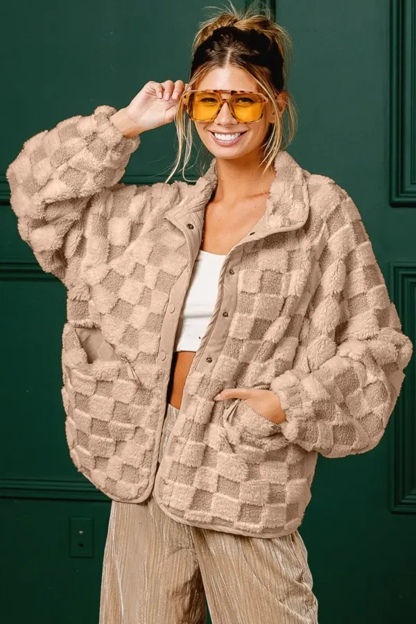 Wingtu Factory Faux Fur Checker Sherpa Buttoned Jacket – Cozy & Trendy Plaid Fleece Outerwear for Fall & Winter