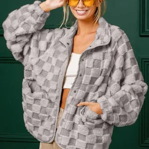 Wingtu Factory Faux Fur Checker Sherpa Buttoned Jacket – Cozy & Trendy Plaid Fleece Outerwear for Fall & Winter