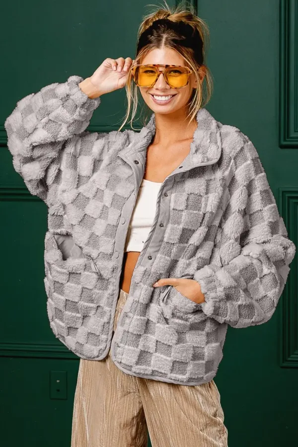 Wingtu Factory Faux Fur Checker Sherpa Buttoned Jacket – Cozy & Trendy Plaid Fleece Outerwear for Fall & Winter