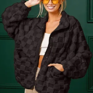 Wingtu Factory Faux Fur Checker Sherpa Buttoned Jacket – Cozy & Trendy Plaid Fleece Outerwear for Fall & Winter