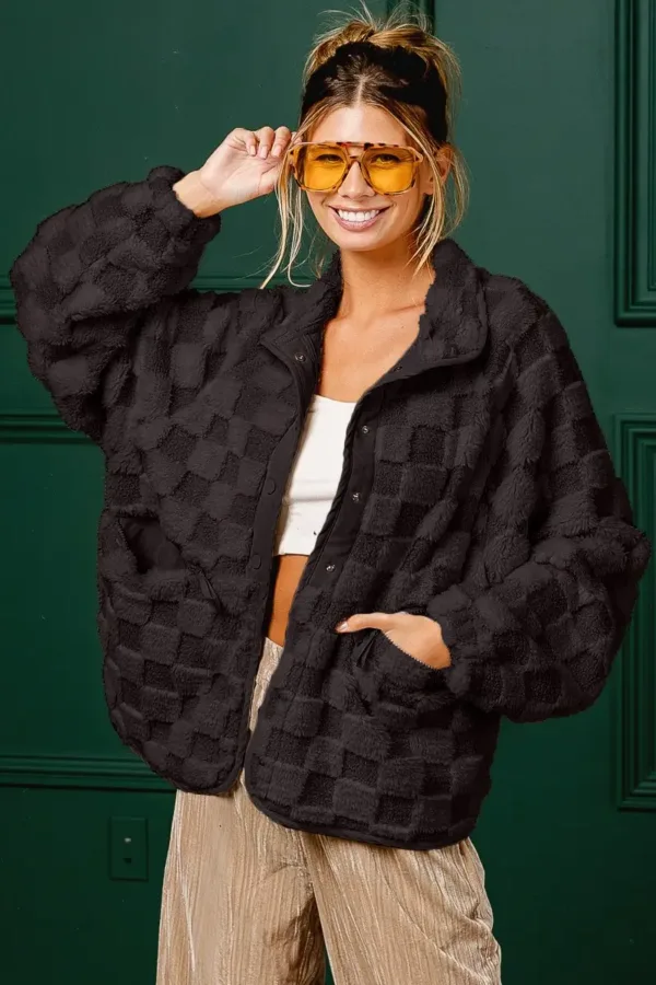 Wingtu Factory Faux Fur Checker Sherpa Buttoned Jacket – Cozy & Trendy Plaid Fleece Outerwear for Fall & Winter