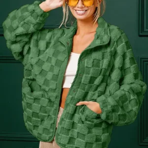 Wingtu Factory Faux Fur Checker Sherpa Buttoned Jacket – Cozy & Trendy Plaid Fleece Outerwear for Fall & Winter
