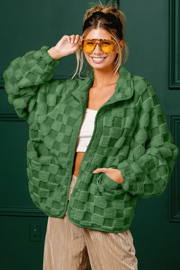 Wingtu Factory Faux Fur Checker Sherpa Buttoned Jacket – Cozy & Trendy Plaid Fleece Outerwear for Fall & Winter