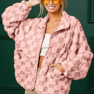 Wingtu Factory Faux Fur Checker Sherpa Buttoned Jacket – Cozy & Trendy Plaid Fleece Outerwear for Fall & Winter