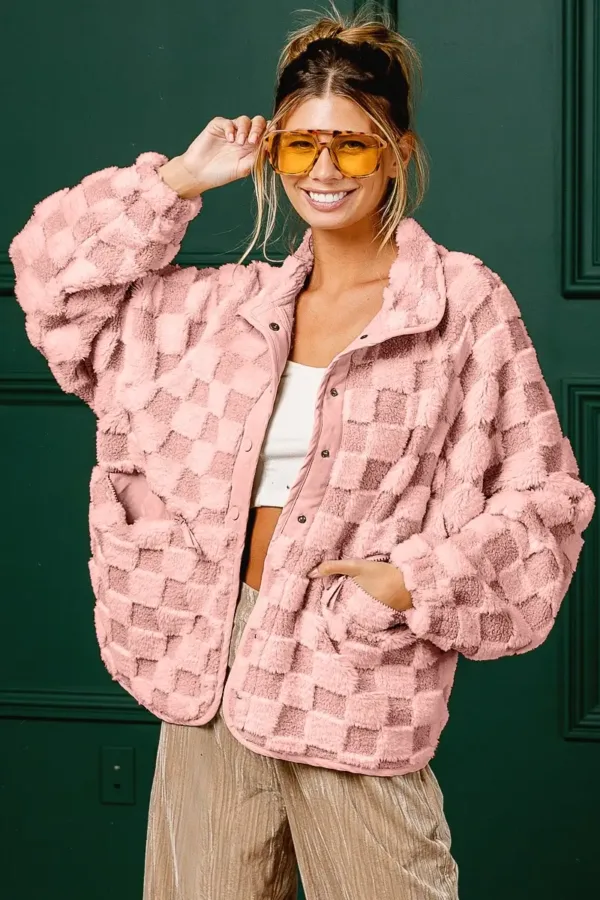 Wingtu Factory Faux Fur Checker Sherpa Buttoned Jacket – Cozy & Trendy Plaid Fleece Outerwear for Fall & Winter