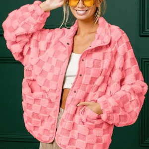 Wingtu Factory Faux Fur Checker Sherpa Buttoned Jacket – Cozy & Trendy Plaid Fleece Outerwear for Fall & Winter