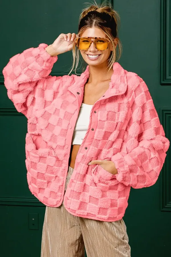 Wingtu Factory Faux Fur Checker Sherpa Buttoned Jacket – Cozy & Trendy Plaid Fleece Outerwear for Fall & Winter