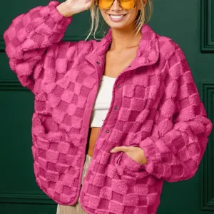 Wingtu Factory Faux Fur Checker Sherpa Buttoned Jacket – Cozy & Trendy Plaid Fleece Outerwear for Fall & Winter