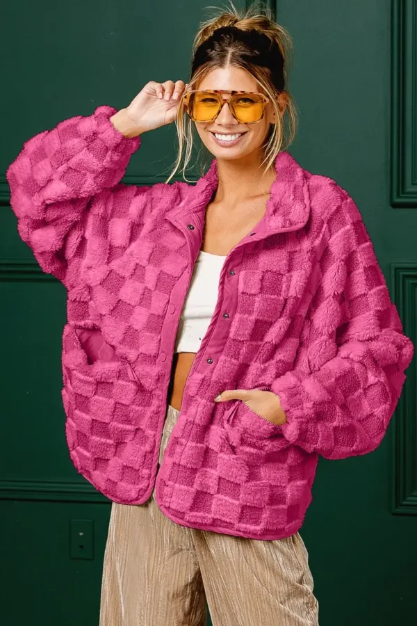 Wingtu Factory Faux Fur Checker Sherpa Buttoned Jacket – Cozy & Trendy Plaid Fleece Outerwear for Fall & Winter