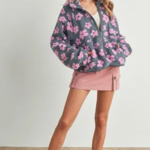 Fluffy Jacket Daisy Flower Pattern Fleece Sherpa – Cozy & Stylish Floral Fleece Jacket for Fall & Winter