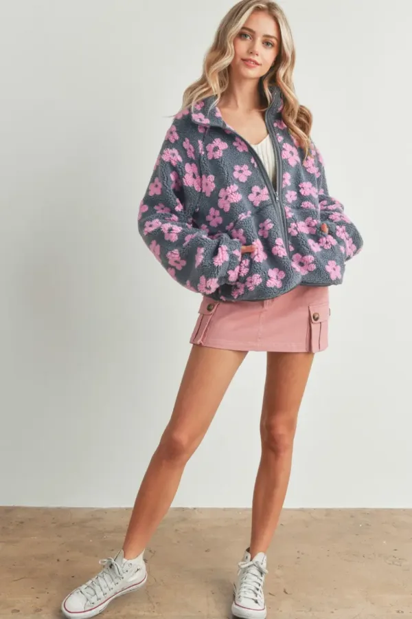 Fluffy Jacket Daisy Flower Pattern Fleece Sherpa – Cozy & Stylish Floral Fleece Jacket for Fall & Winter