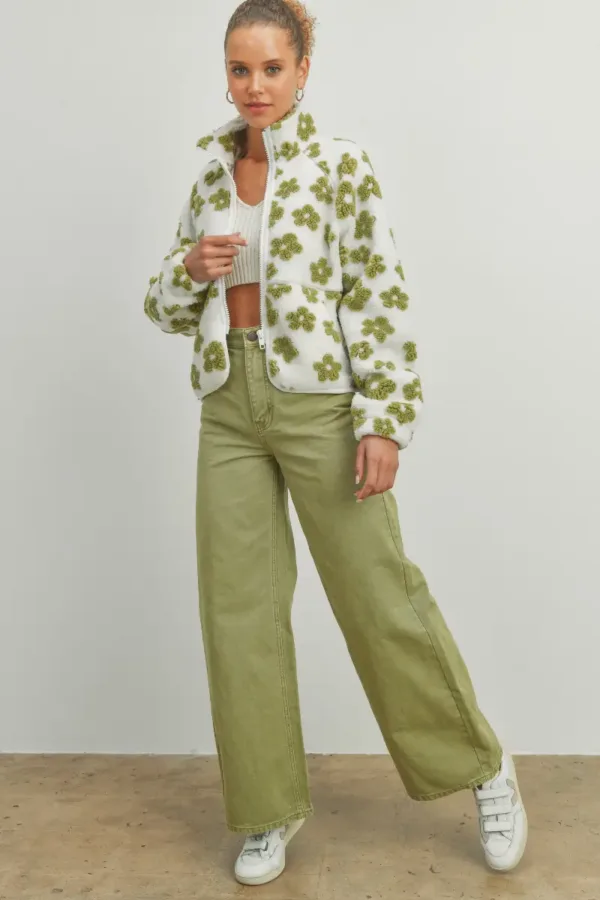 Fluffy Jacket Daisy Flower Pattern Fleece Sherpa – Cozy & Stylish Floral Fleece Jacket for Fall & Winter