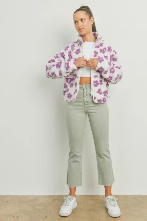 Fluffy Jacket Daisy Flower Pattern Fleece Sherpa – Cozy & Stylish Floral Fleece Jacket for Fall & Winter