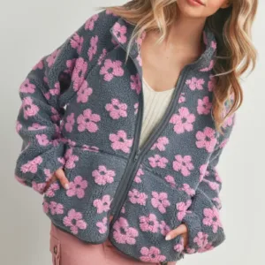 Fluffy Jacket Daisy Flower Pattern Fleece Sherpa – Cozy & Stylish Floral Fleece Jacket for Fall & Winter