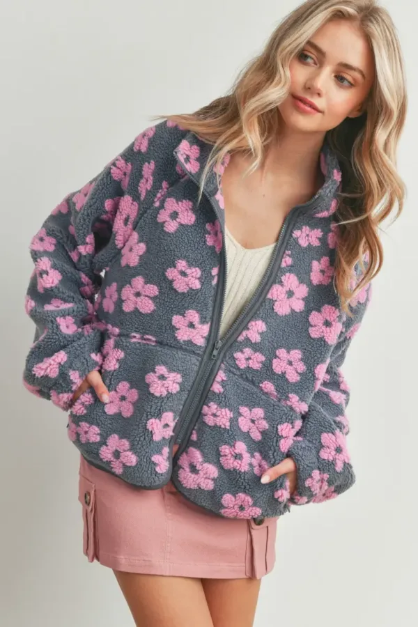 Fluffy Jacket Daisy Flower Pattern Fleece Sherpa – Cozy & Stylish Floral Fleece Jacket for Fall & Winter