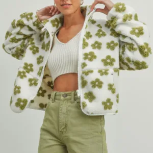 Fluffy Jacket Daisy Flower Pattern Fleece Sherpa – Cozy & Stylish Floral Fleece Jacket for Fall & Winter